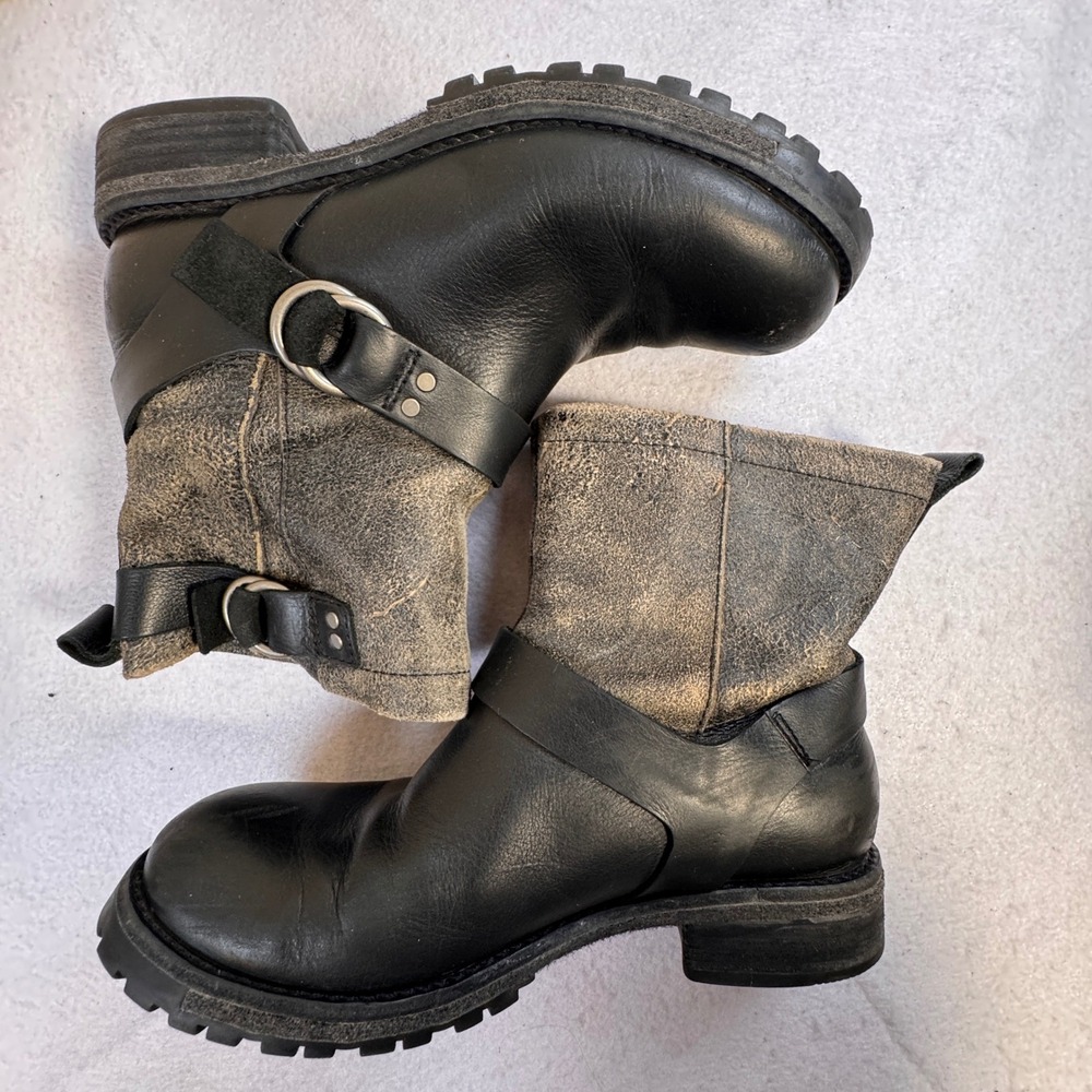 Woolrich Womens Black Leather Engineer Suede Harness Boots Plaid Lined Size 9